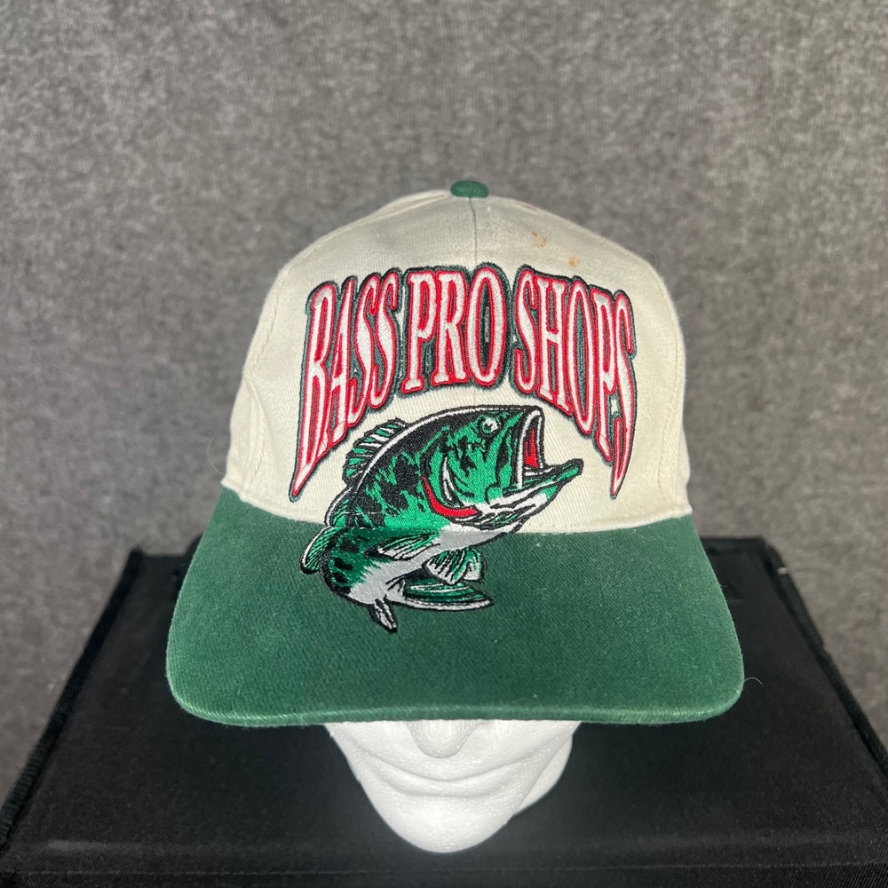 Vintage 90s Bass Pro Shops Big Logo Embroidered SnapBack Hat Green Cream Cotton